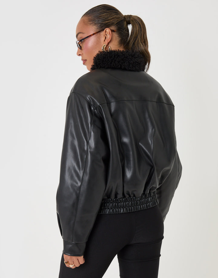 Threadbare Faux Leather Fur Collar Jacket in Black - back view