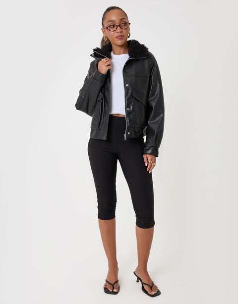 Threadbare Faux Leather Fur Collar Jacket in Black - full body
