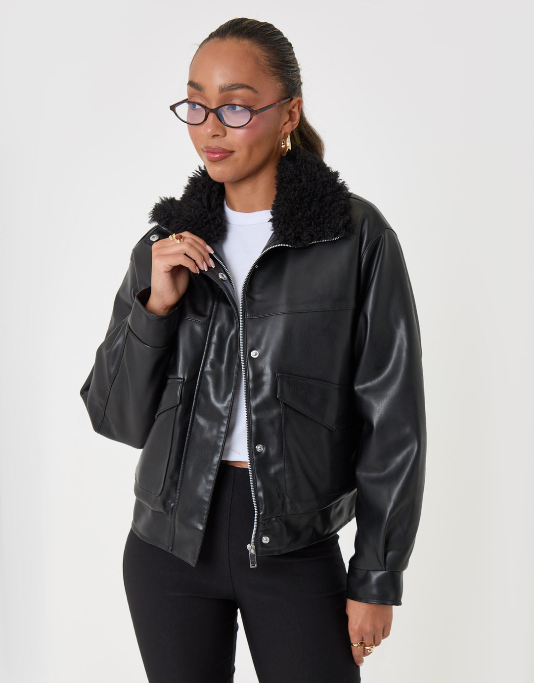 Threadbare Faux Leather Fur Collar Jacket in Black - front view