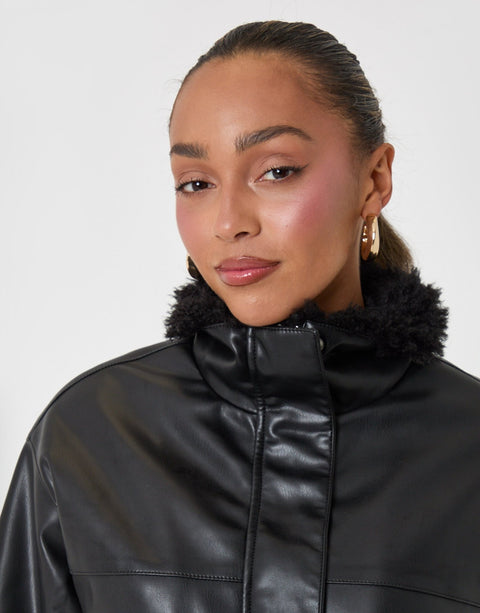 Threadbare Faux Leather Fur Collar Jacket in Black - close up
