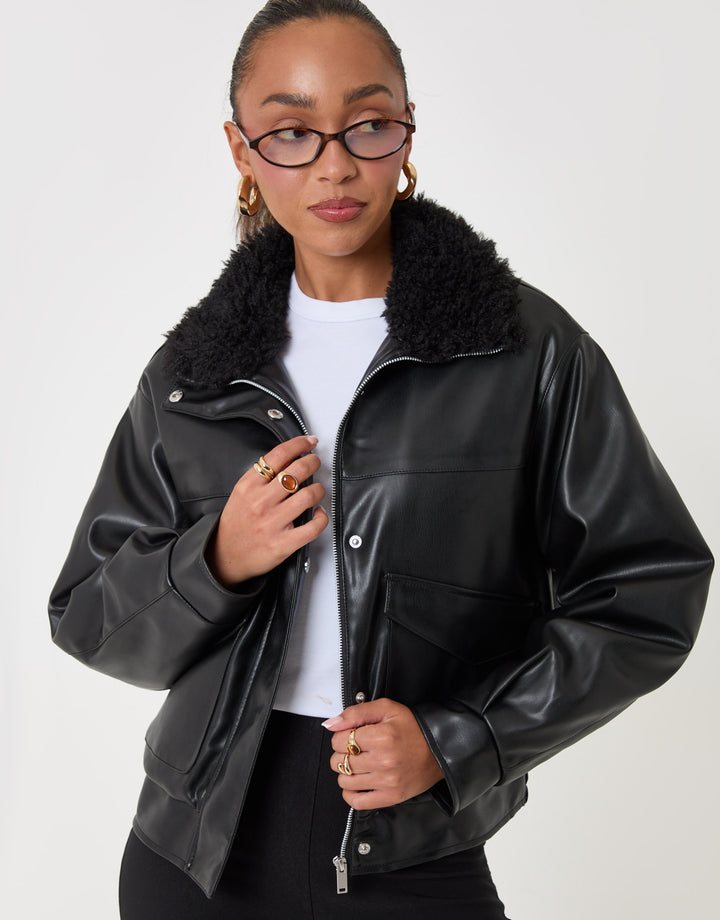 Threadbare Faux Leather Fur Collar Jacket in Black - front view
