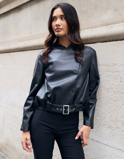 Threadbare Faux Leather Bomber Jacket in Black - campaign