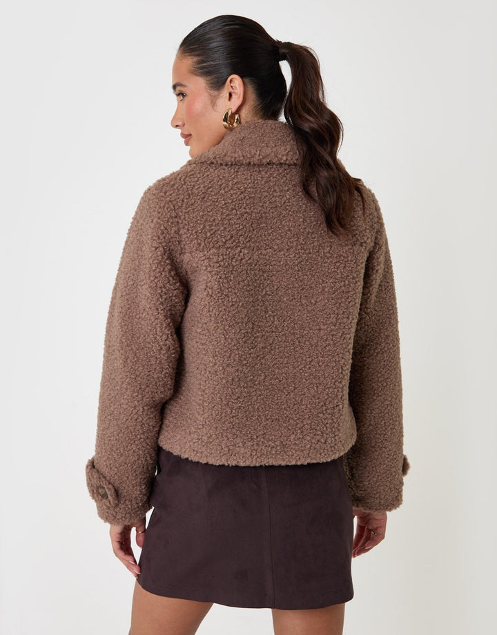 Threadbare Borg Cropped Jacket in Mink Brown - back view