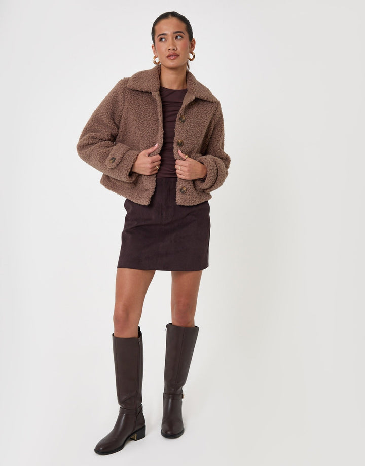 Threadbare Borg Cropped Jacket in Mink Brown - full body
