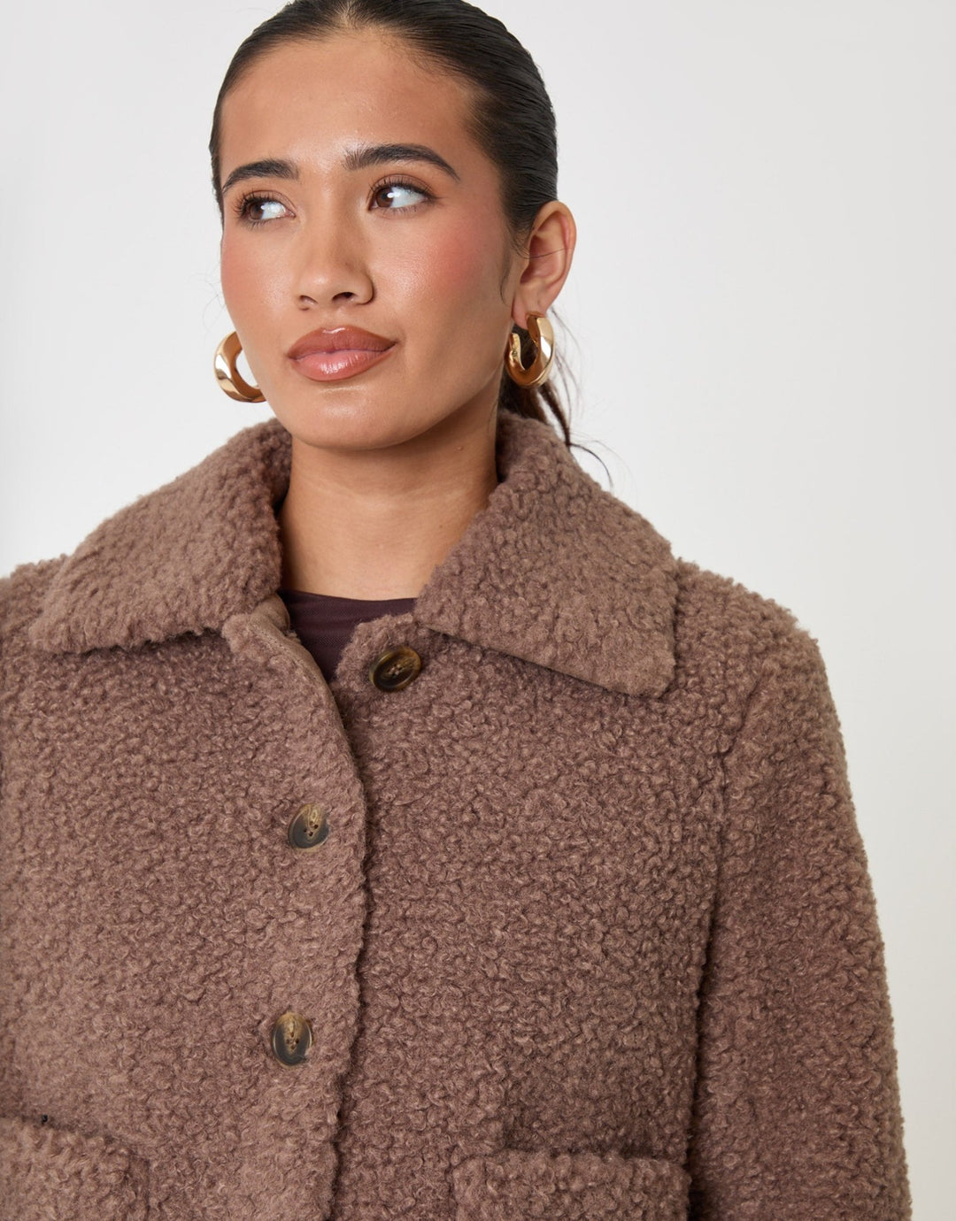 Threadbare Borg Cropped Jacket in Mink Brown - close up