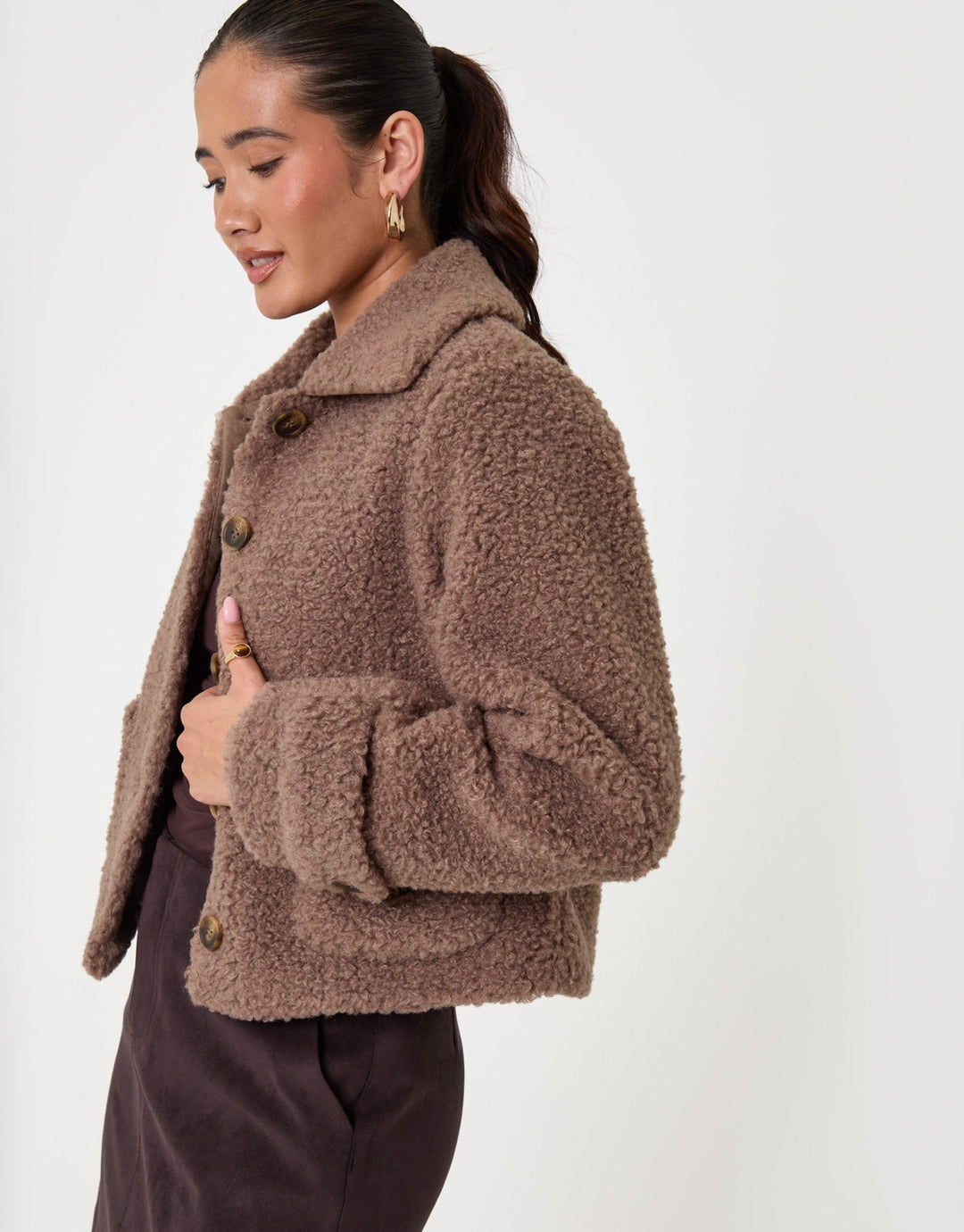 Threadbare Borg Cropped Jacket in Mink Brown - side view