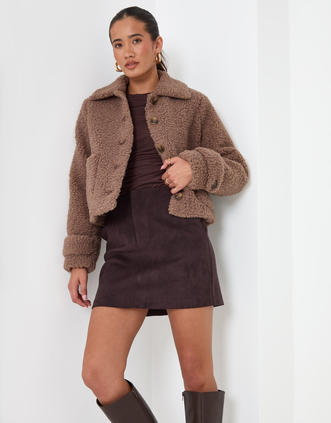 Threadbare Borg Cropped Jacket in Mink Brown - full body