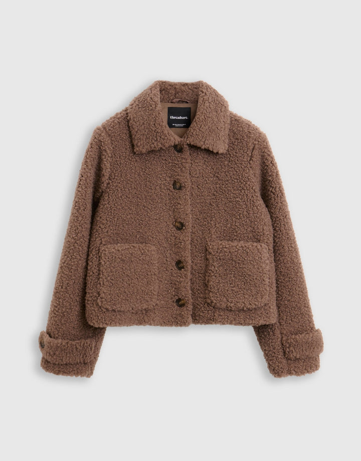 Threadbare Borg Cropped Jacket in Mink Brown - mannequin image