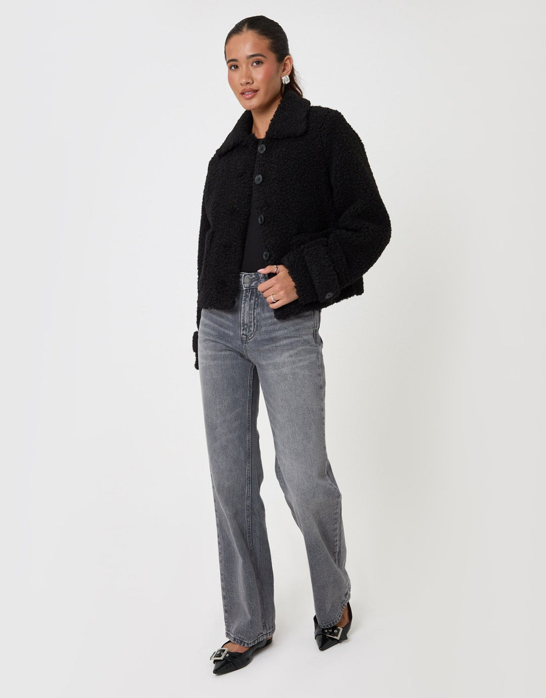 Threadbare Borg Cropped Jacket in Black - full body