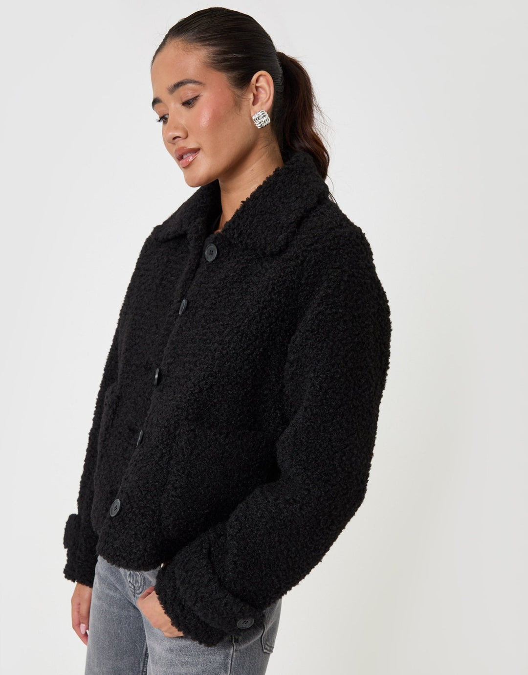 Threadbare Borg Cropped Jacket in Black - side view