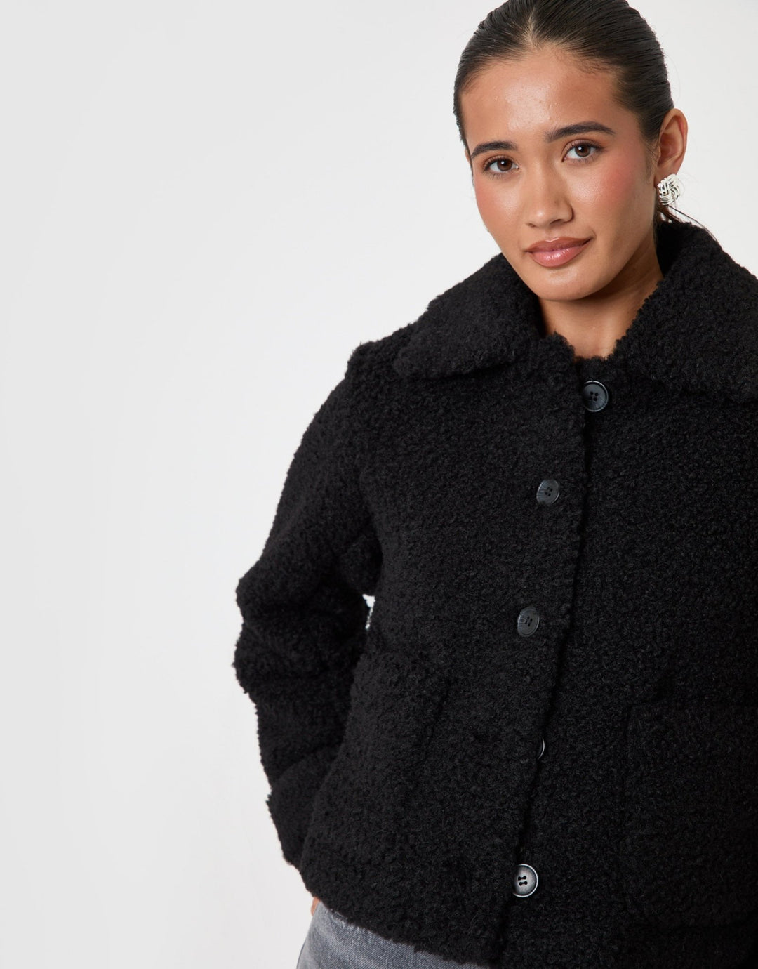 Threadbare Borg Cropped Jacket in Black - close up