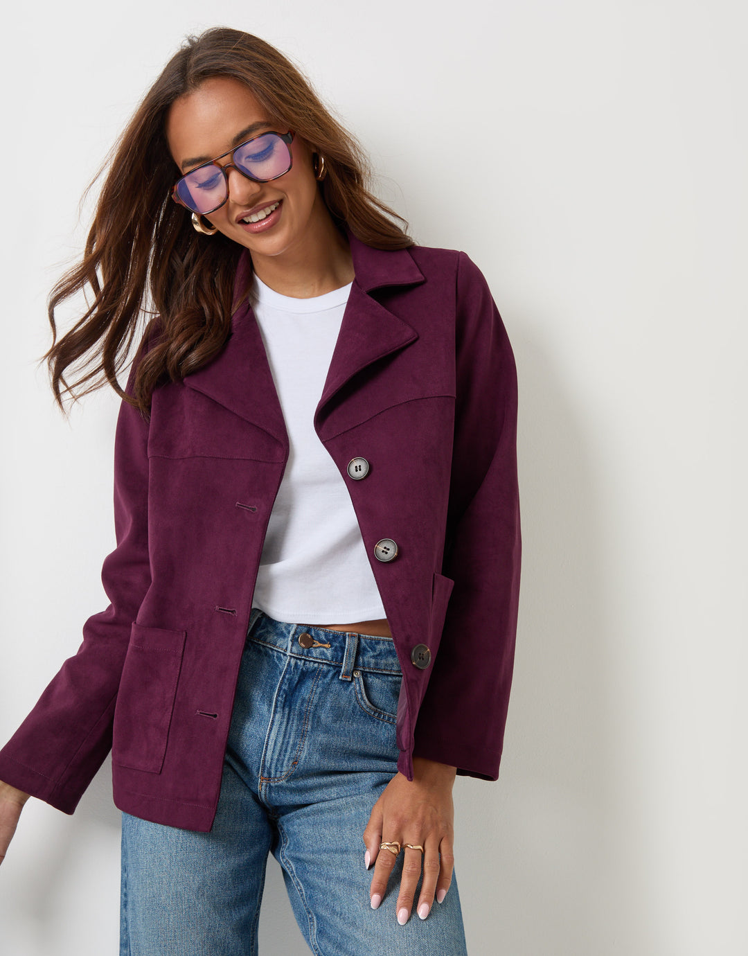 Threadbare Faux Suede Blazer in Plum - front view