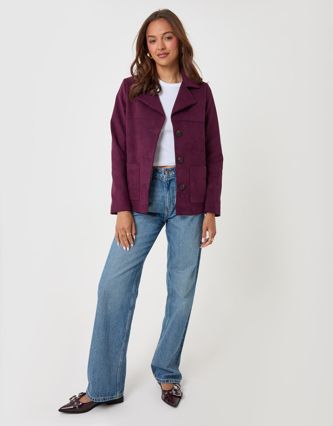 Threadbare Faux Suede Blazer in Plum - full body