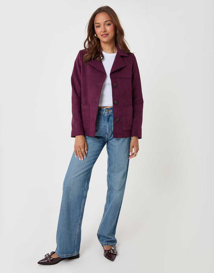 Threadbare Faux Suede Blazer in Plum - full body