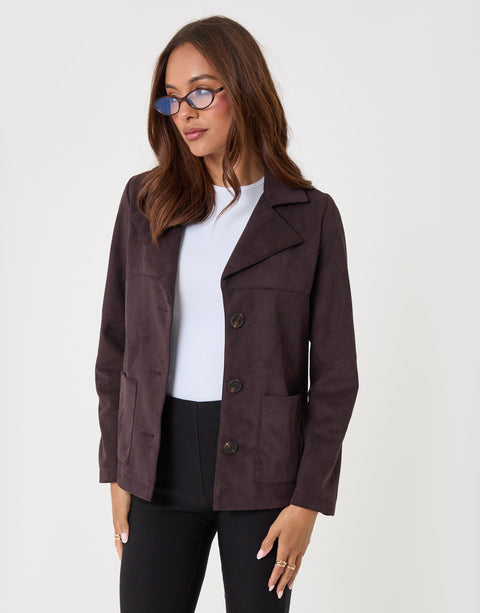 Threadbare Faux Suede Blazer in Chocolate Brown - front view