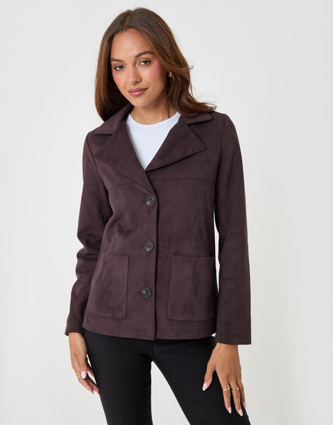 Threadbare Faux Suede Blazer in Chocolate Brown - front view