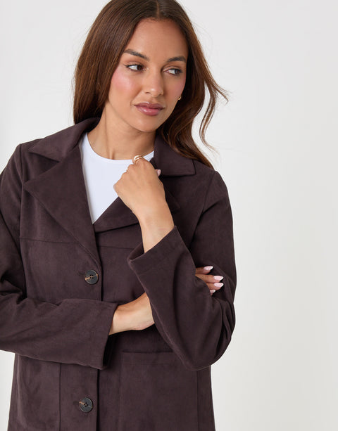 Threadbare Faux Suede Blazer in Chocolate Brown - close up