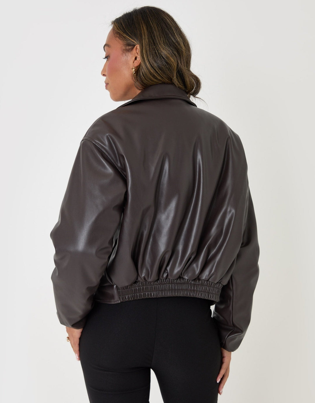 Threadbare Faux Leather Bubble Bomber in Brown - back view