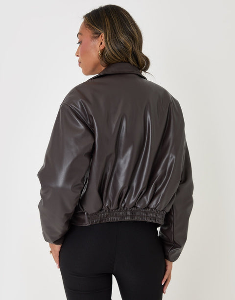 Threadbare Faux Leather Bubble Bomber in Brown - back view