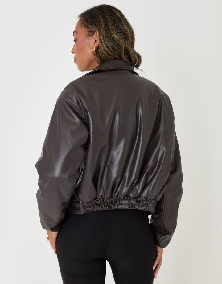 Threadbare Faux Leather Bubble Bomber in Brown - back view
