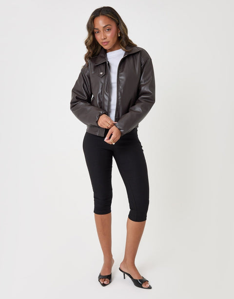 Threadbare Faux Leather Bubble Bomber in Brown - full body