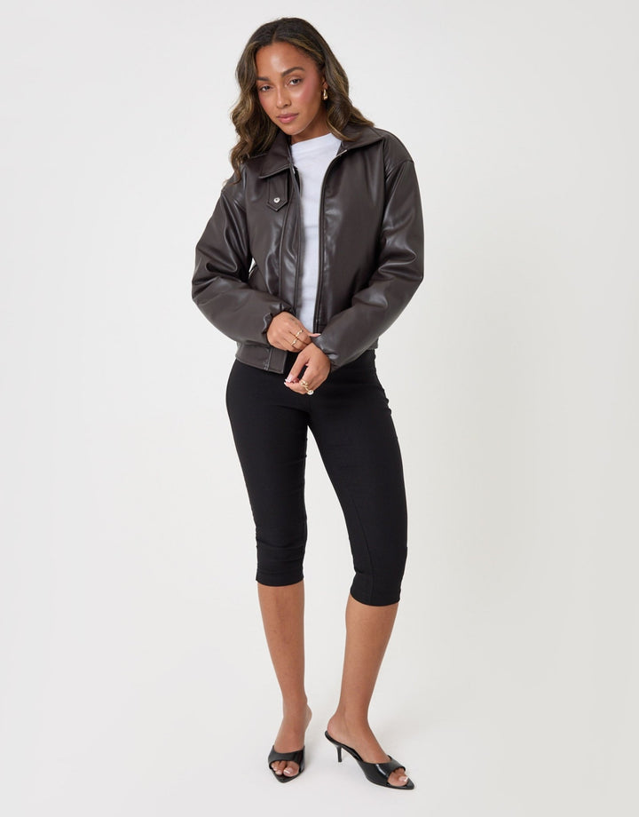 Threadbare Faux Leather Bubble Bomber in Brown - full body