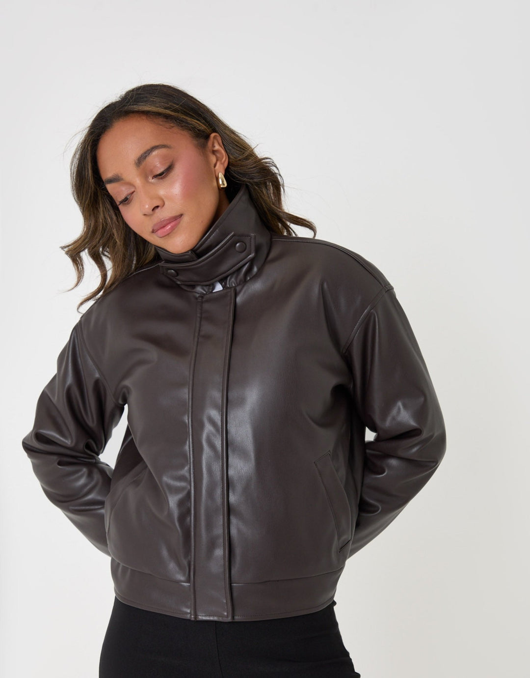 Threadbare Faux Leather Bubble Bomber in Brown - front view