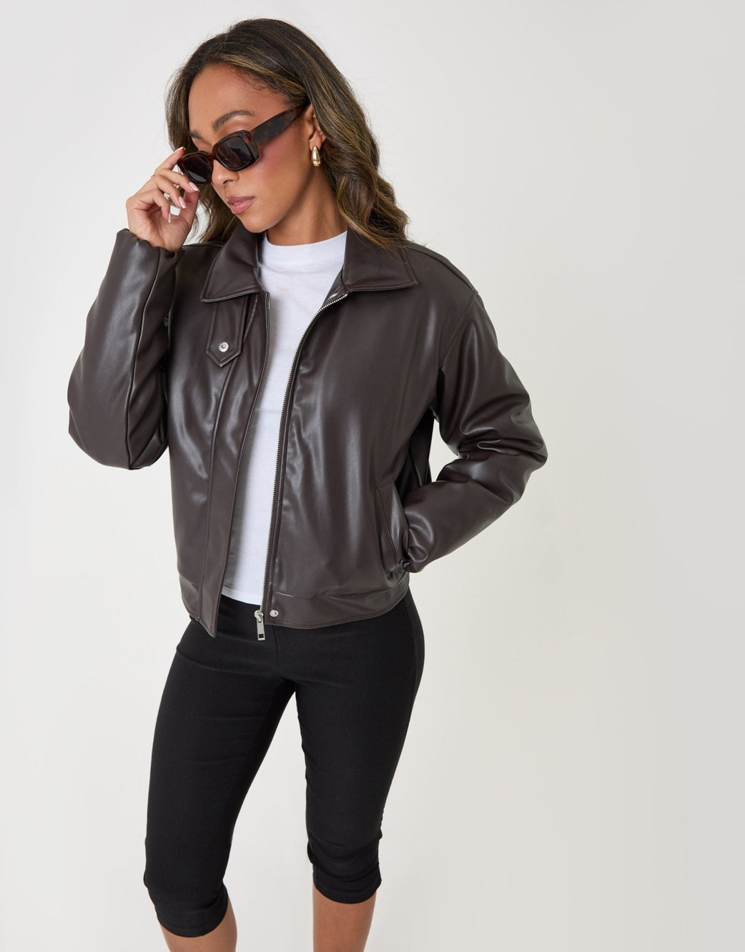 Threadbare Faux Leather Bubble Bomber in Brown - front view pose