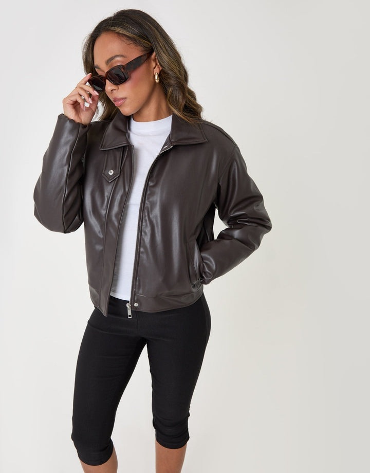 Threadbare Faux Leather Bubble Bomber in Brown - front view pose