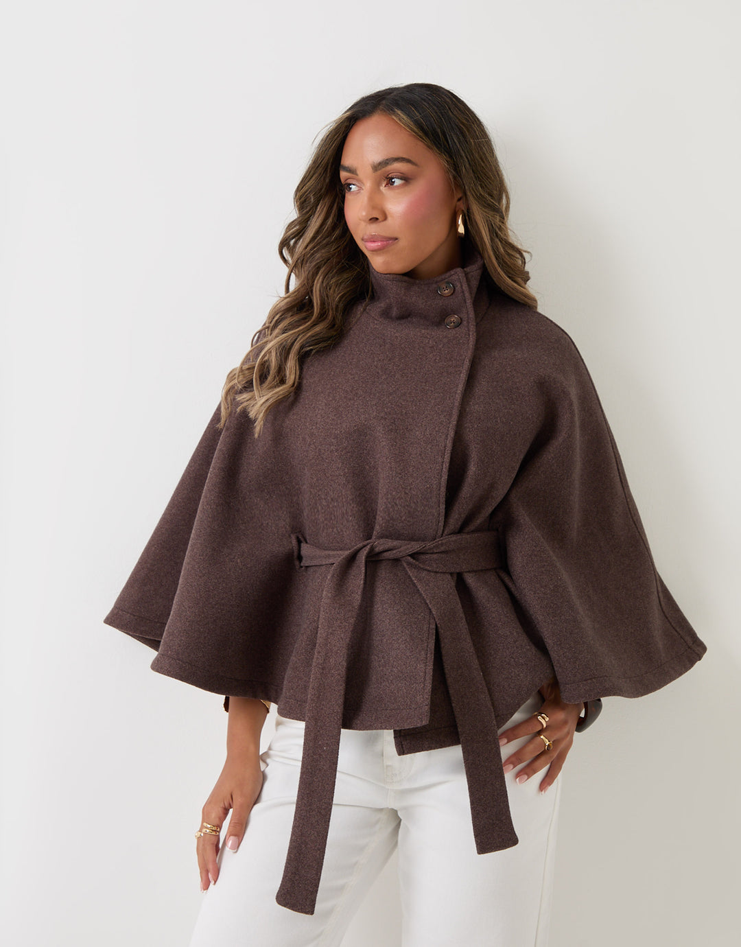 Threadbare Faux Wool Cape Coat in Chocolate Brown - full body