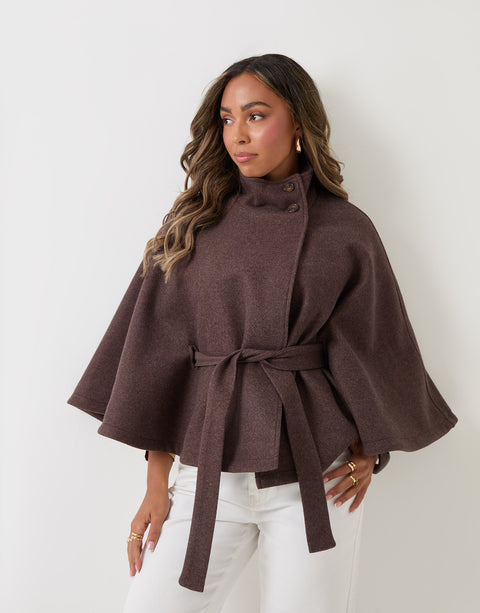 Threadbare Faux Wool Cape Coat in Chocolate Brown - full body
