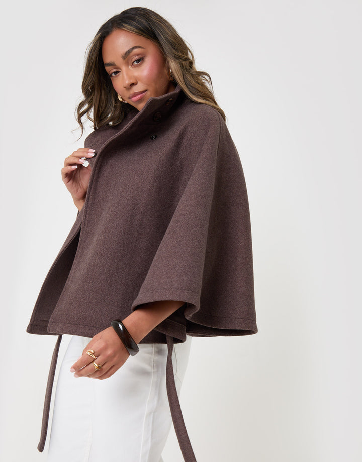 Threadbare Faux Wool Cape Coat in Chocolate Brown - front view