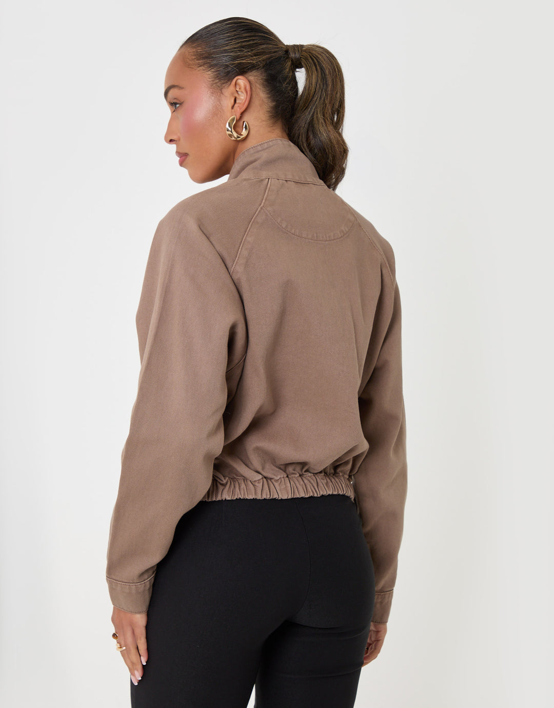 Threadbare Denim Bomber Jacket in Mocha Brown - back view