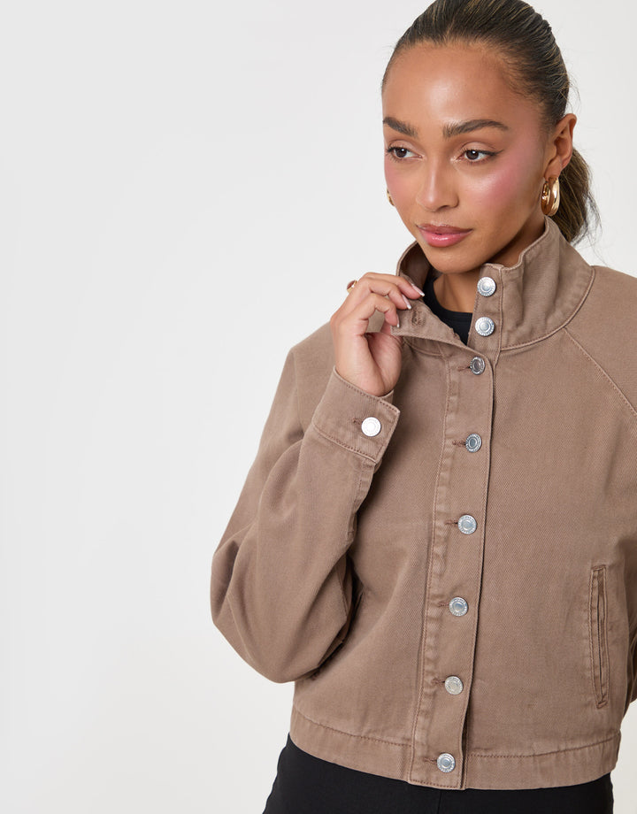 Threadbare Denim Bomber Jacket in Mocha Brown - front view
