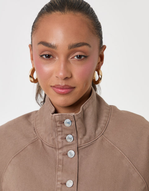 Threadbare Denim Bomber Jacket in Mocha Brown - close up