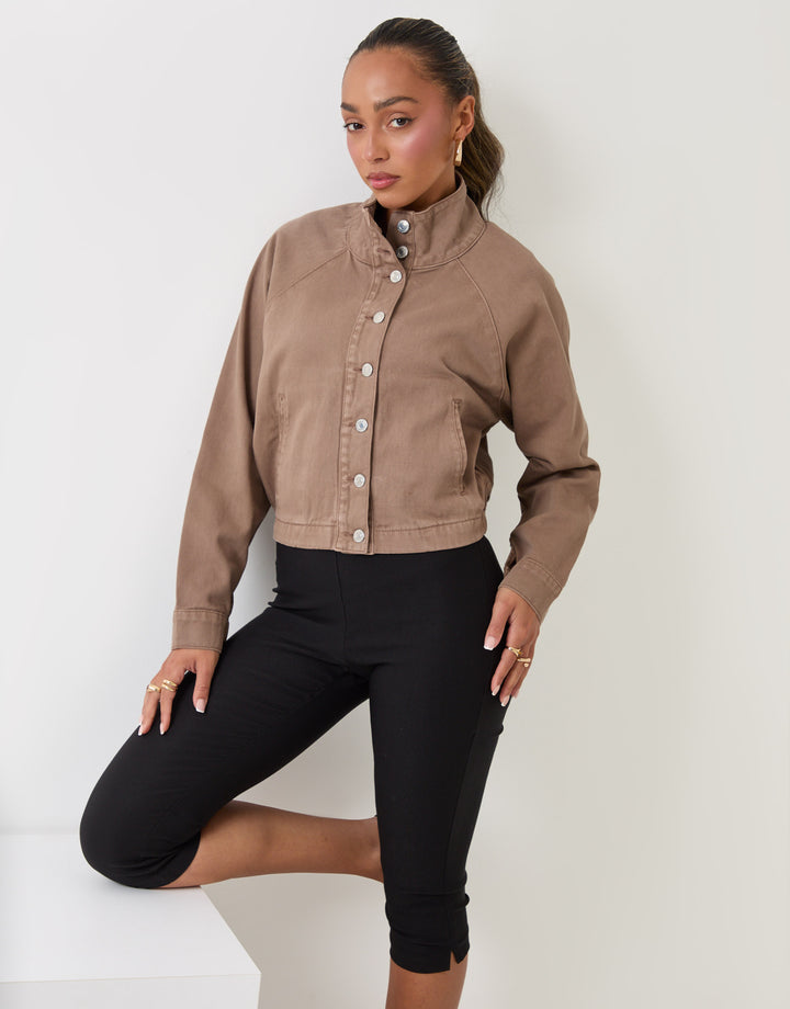 Threadbare Denim Bomber Jacket in Mocha Brown - pose