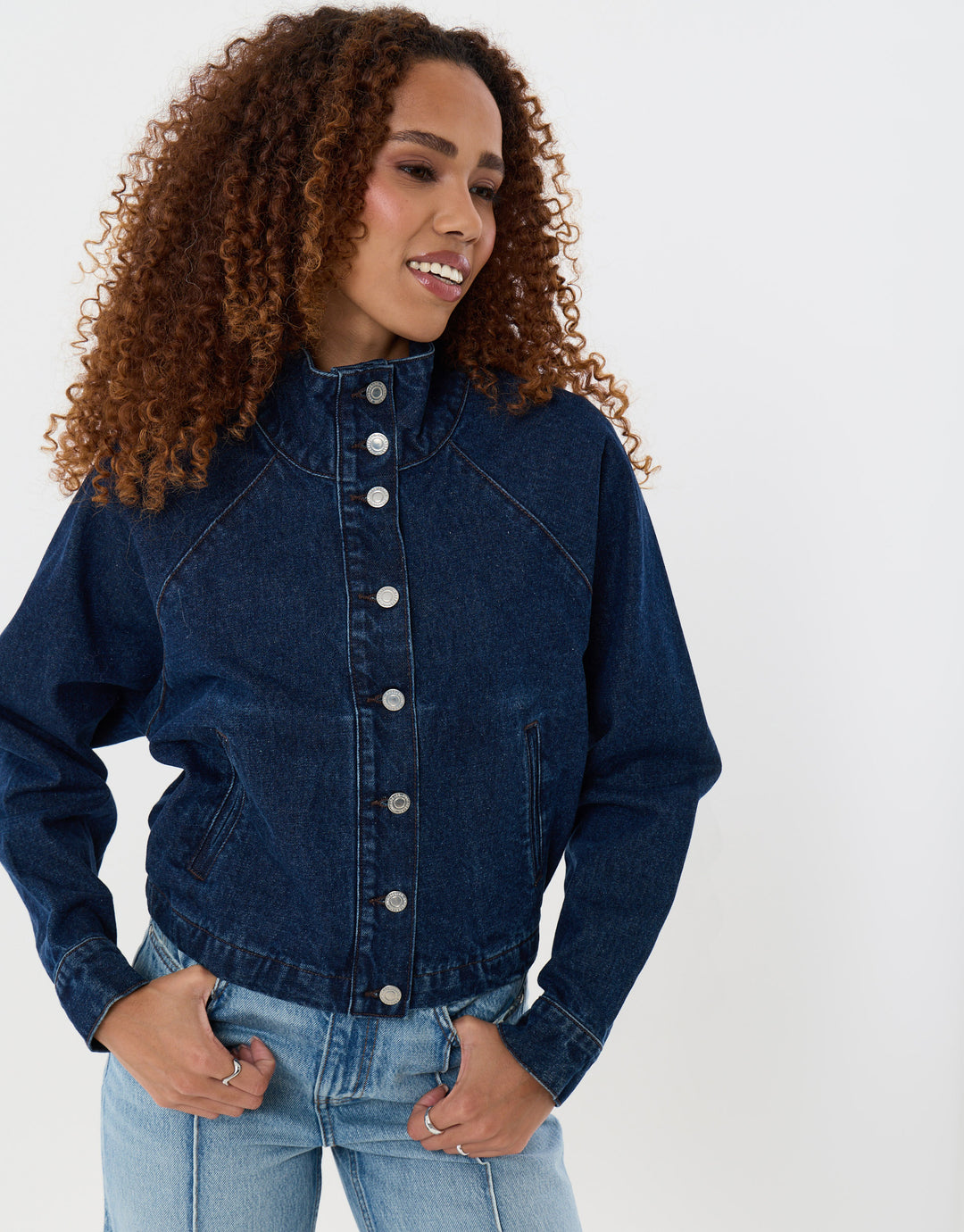 Threadbare Denim Bomber Jacket in Indigo - front view