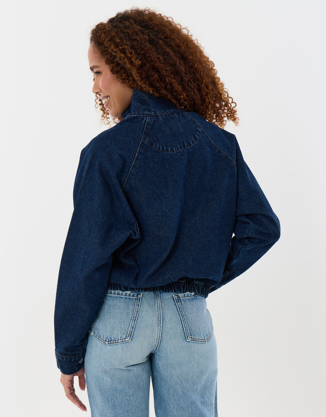 Threadbare Denim Bomber Jacket in Indigo - back view