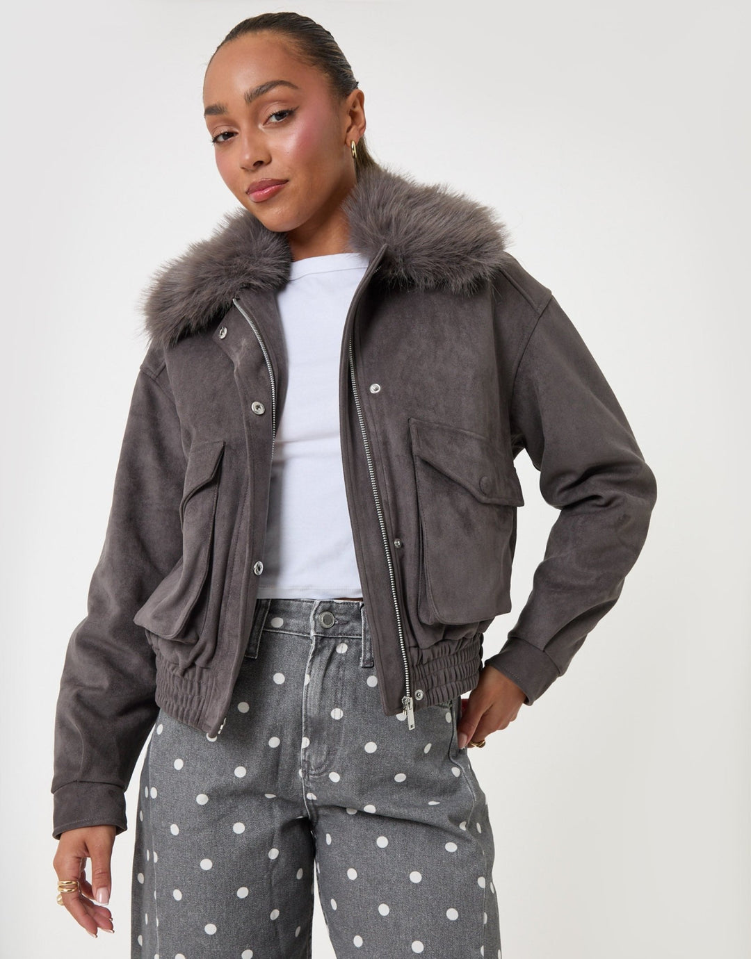 Threadbare Faux Suede Fur Collared Jacket in Charcoal Grey - front view