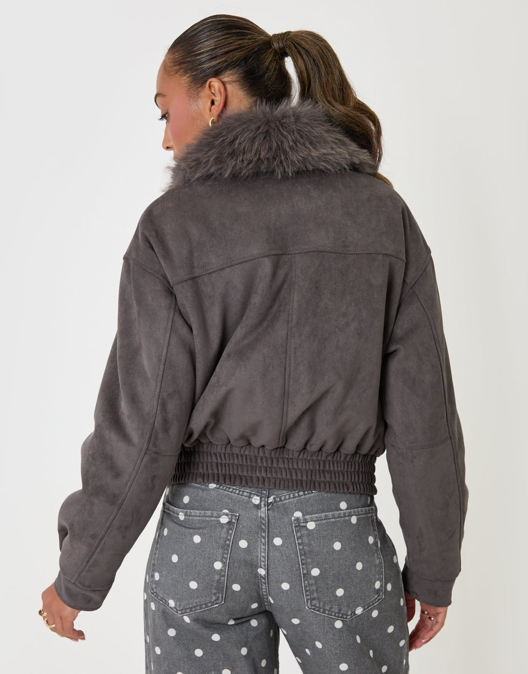 Threadbare Faux Suede Fur Collared Jacket in Charcoal Grey - back view