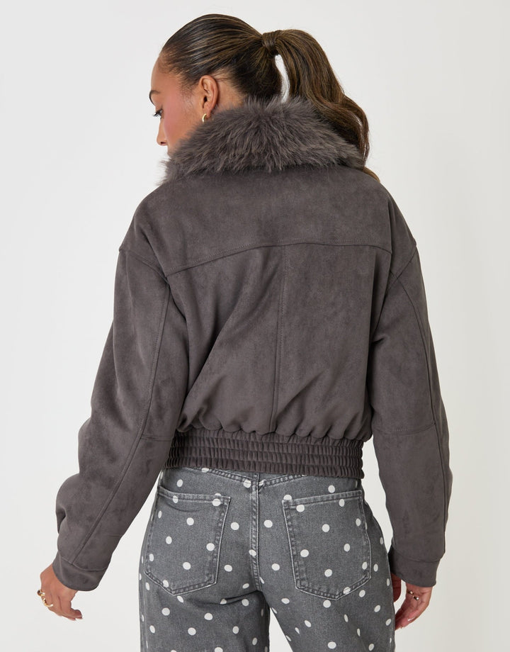 Threadbare Faux Suede Fur Collared Jacket in Charcoal Grey - back view