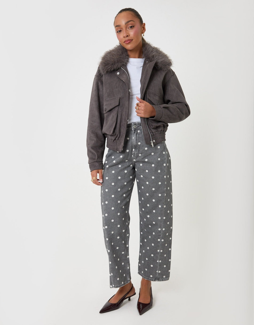 Threadbare Faux Suede Fur Collared Jacket in Charcoal Grey - full body