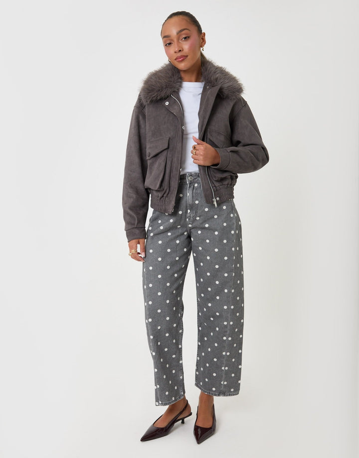 Threadbare Faux Suede Fur Collared Jacket in Charcoal Grey - full body