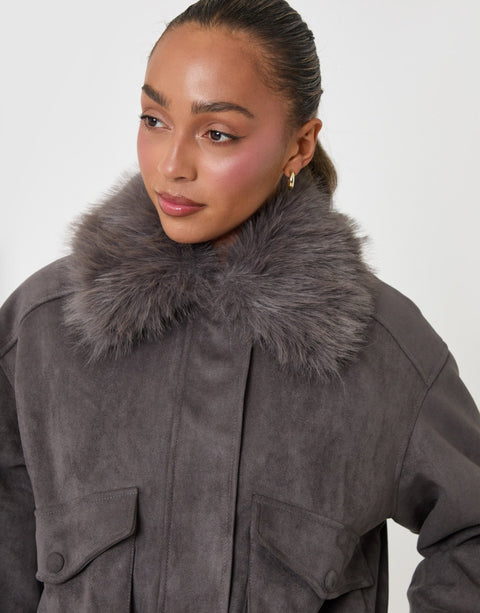 Threadbare Faux Suede Fur Collared Jacket in Charcoal Grey - detail