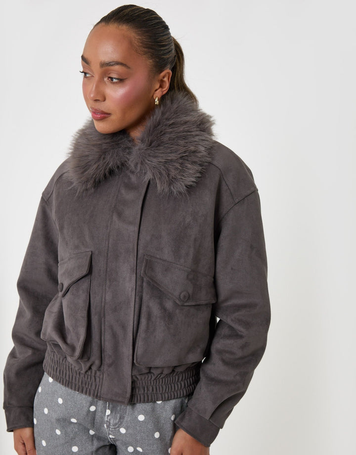 Threadbare Faux Suede Fur Collared Jacket in Charcoal Grey - close up