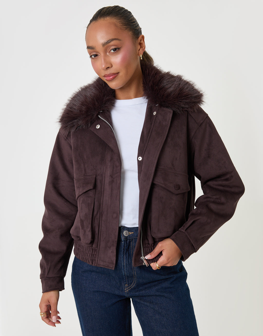 Threadbare Faux Suede Fur Collared Jacket in Chocolate Brown - front view