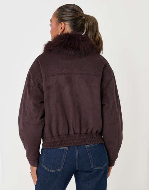 Threadbare Faux Suede Fur Collared Jacket in Chocolate Brown - back view