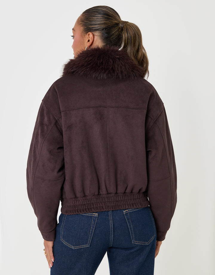 Threadbare Faux Suede Fur Collared Jacket in Chocolate Brown - back view