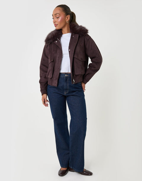 Threadbare Faux Suede Fur Collared Jacket in Chocolate Brown - full body
