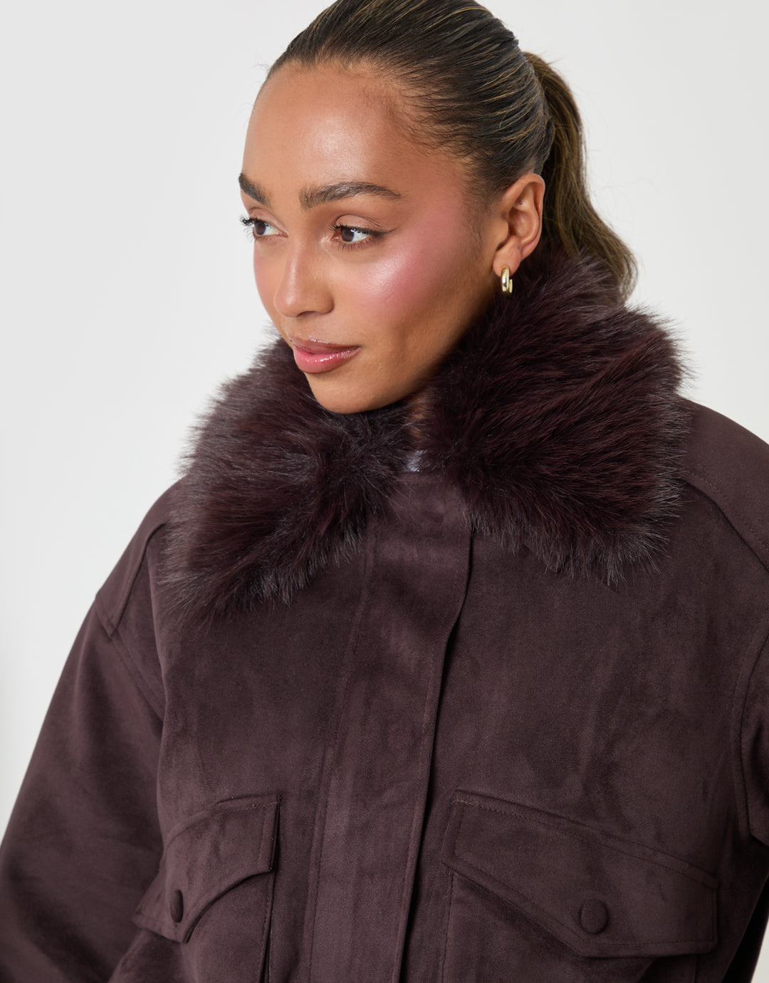 Threadbare Faux Suede Fur Collared Jacket in Chocolate Brown - close up